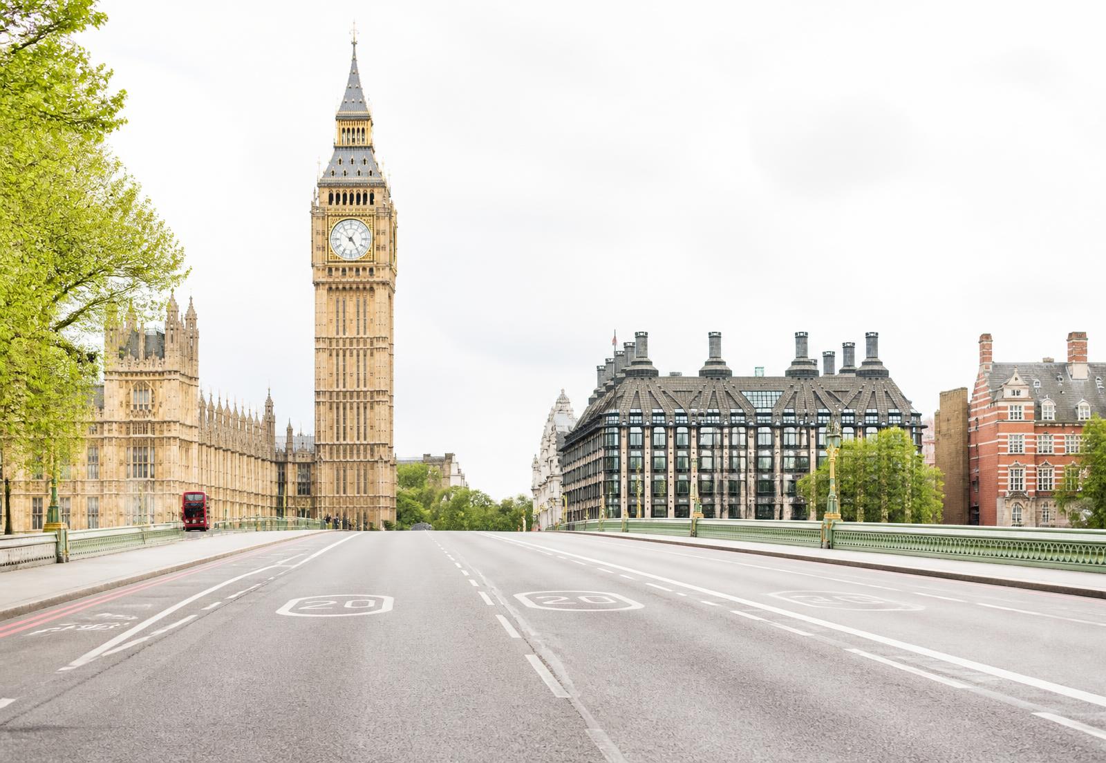 An empty London road in bright daylight