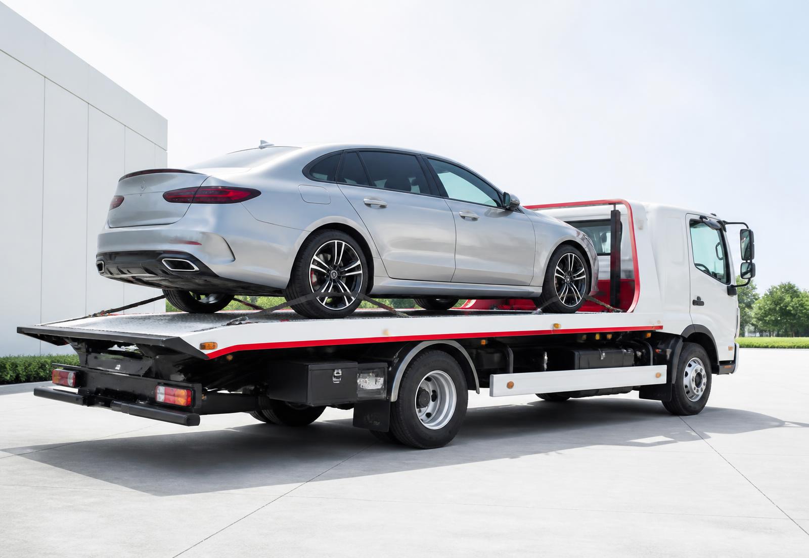 A car secured on the deck of a white flatbed vehicle transporter in daylight